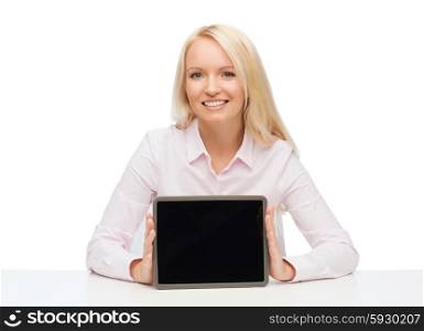 education, business and technology concept - smiling businesswoman or student showing tablet pc computer blank screen over white background