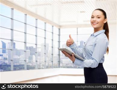 education, business and technology concept - smiling businesswoman or student with tablet pc computer over office room or new apartment background