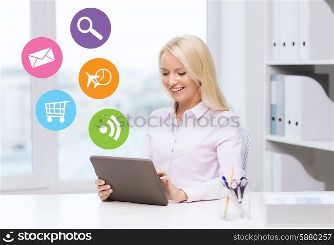 education, business and technology concept - smiling businesswoman or student with tablet pc computer and internet icons in office
