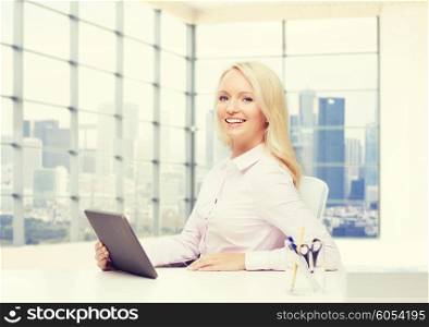 education, business and technology concept - smiling businesswoman or student with tablet pc computer over office room and city view in window