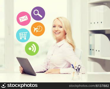 education, business and technology concept - smiling businesswoman or student with tablet pc computer and internet icons in office