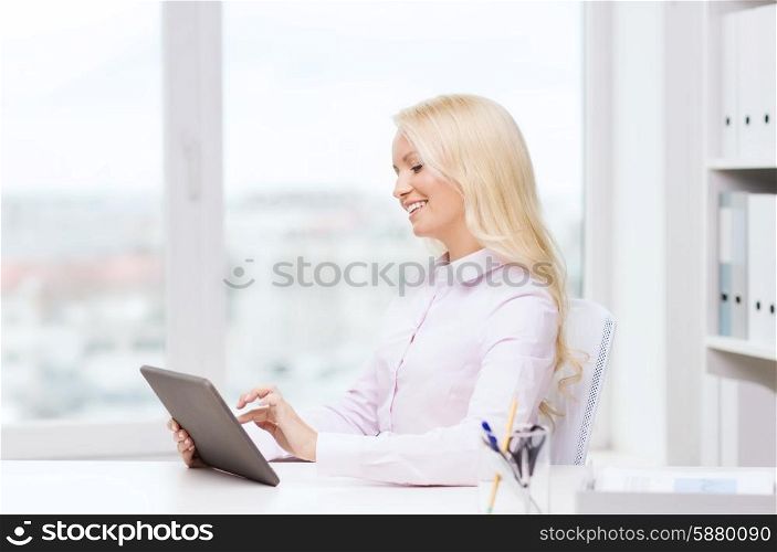 education, business and technology concept - smiling businesswoman or student with tablet pc computer in office