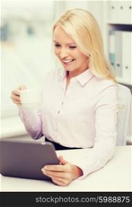 education, business, break and technology concept - smiling businesswoman or student with tablet pc computer drinking coffee in office