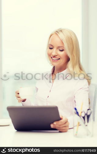 education, business, break and technology concept - smiling businesswoman or student with tablet pc computer drinking coffee in office