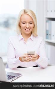 education, business, communication and technology concept - smiling businesswoman or student with smartphone texting message in office