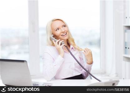 education, business, communication and technology concept - smiling businesswoman or student with laptop computer calling on phone in office