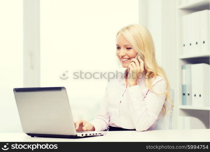 education, business, communication and technology concept - smiling businesswoman or student with laptop computer calling on smartphone in office