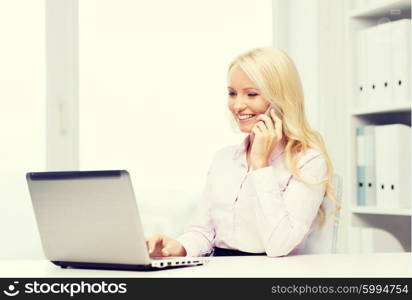 education, business, communication and technology concept - smiling businesswoman or student with laptop computer calling on smartphone in office