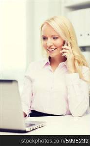 education, business, communication and technology concept - smiling businesswoman or student with laptop computer calling on smartphone in office