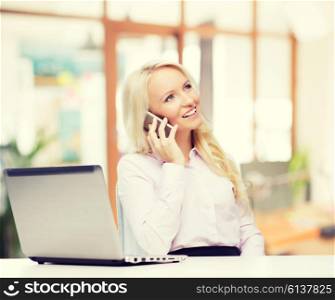 education, business, communication and technology concept - smiling businesswoman or student with laptop computer calling on smartphone over office room background