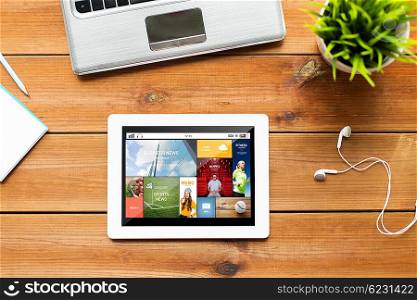 education, business, mass media and technology concept - close up of tablet pc computer, laptop and earphones on wooden table with internet application on screen