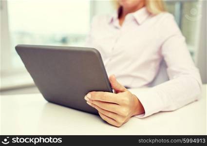 education, business, people and technology concept - close up of businesswoman or student with tablet pc computer in office