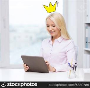 education, business, royalty and technology concept - smiling businesswoman or student with tablet pc computer with crown doodle in office