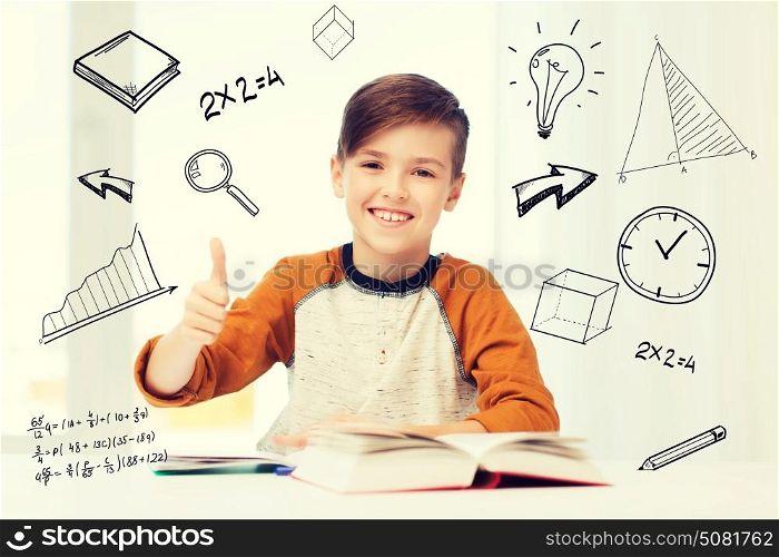 education, childhood, people and school concept - happy student boy with textbook and notebook showing thumbs up at home over mathematical doodles. happy student boy with textbook showing thumbs up