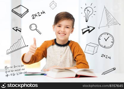 education, childhood, people and school concept - happy student boy with textbook and notebook showing thumbs up at home over mathematical doodles