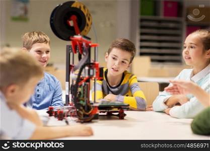 education, children, technology, science and people concept - group of happy kids with 3d printer at robotics school lesson