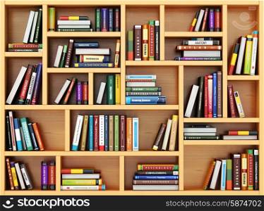 Education concept. Books and textbooks on the bookshelf. 3d
