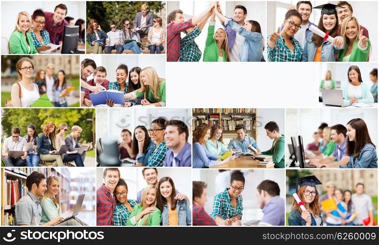 education concept - collage with many pictures of students in college, university or high school with copyspace