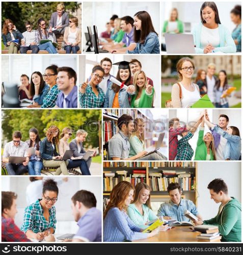 education concept - collage with many pictures of students in college, university or high school