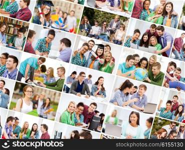 education concept - collage with many pictures of students in college, university or high school