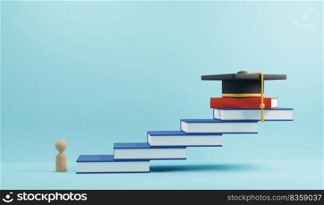 Education concept design of wooden people sign and graduation cap on book stairs 3D render