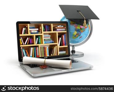 Education concept. Laptop with books, globe, graduation cap and diploma. 3d