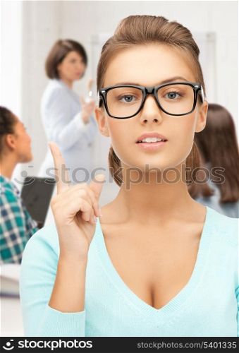 education concept - student girl showing warning gesture ..