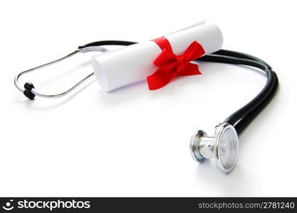 Education concept with diploma and stethoscope on white