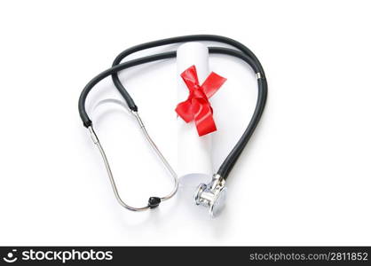 Education concept with diploma and stethoscope on white