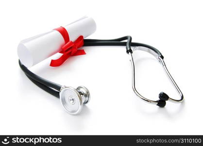 Education concept with diploma and stethoscope on white