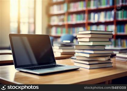 Education concept with laptop and books stack with library background. Generative AI