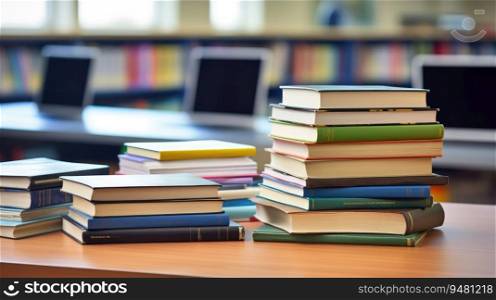 Education concept with laptop and books stack with library background. Generative AI