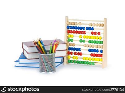 Education concept with pencils, books and abacus