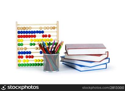 Education concept with pencils, books and abacus