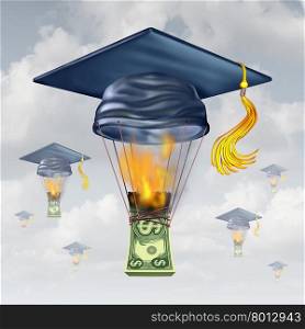 Education cost and high school fees as a graduation hat shaped as a hot air balloon being lifted up by the flames of the burning of money as a metaphor for financial money stress.