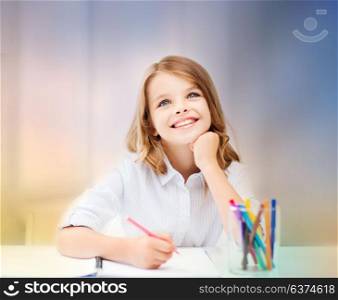 education, creation and school concept - smiling little student girl drawing and daydreaming over rose quartz and serenity gradient background. smiling little student girl drawing at school