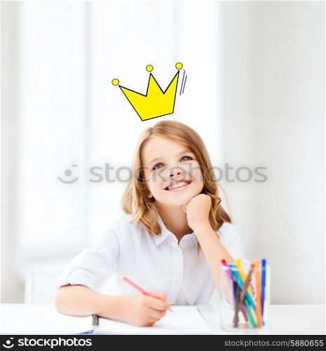 education, creativity, childhood, people and school concept - smiling little school girl drawing and daydreaming at school with crown doodle