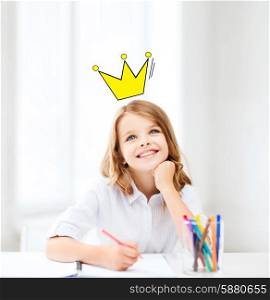 education, creativity, childhood, people and school concept - smiling little school girl drawing and daydreaming at school with crown doodle
