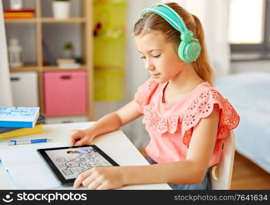 education, e-learning and school concept - happy student girl in headphones with teacher on tablet computer having online lesson at home desk. girl in headphones with tablet computer at home