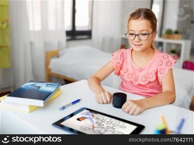 education, e-learning and school concept - student girl with smart speaker and teacher on tablet computer having online lesson at home. student girl using smart speaker at home