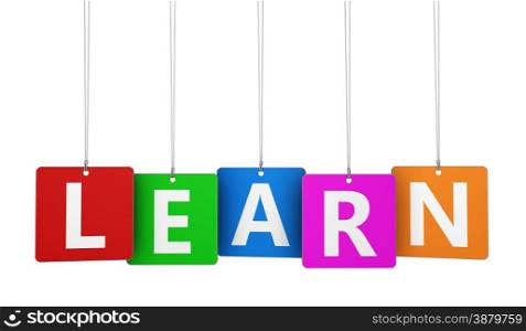 Education, e-learning business, school and training concept with learn word and sign on colourful tags isolated on white background.