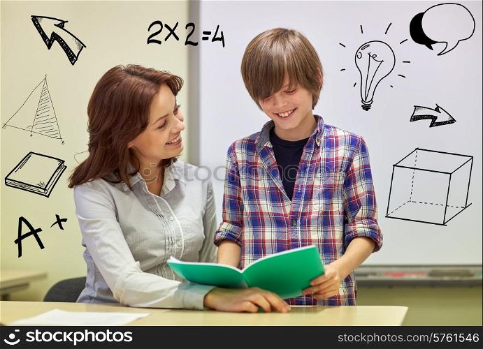 education, elementary school, learning, examination and people concept - school boy holding notebook and teacher in classroom with doodles