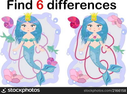 Education game for preschool kids, find the differences. Beautiful mermaid with a string of pearls. Cartoon illustration. Education game for preschool kids, find the differences. Beautiful mermaid with a string of pearls. Cartoon illustration.