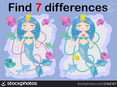 Education game for preschool kids, find the differences. Beautiful mermaid with a string of pearls. Cartoon illustration. Education game for preschool kids, find the differences. Beautiful mermaid with a string of pearls. Cartoon illustration.