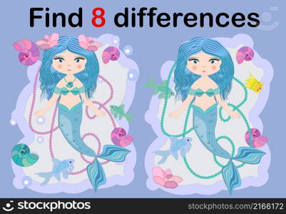 Education game for preschool kids, find the differences. Beautiful mermaid with a string of pearls. Cartoon illustration. Education game for preschool kids, find the differences. Beautiful mermaid with a string of pearls. Cartoon illustration.