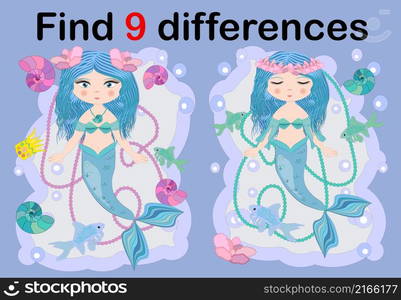 Education game for preschool kids, find the differences. Beautiful mermaid with a string of pearls. Cartoon illustration. Education game for preschool kids, find the differences. Beautiful mermaid with a string of pearls. Cartoon illustration.