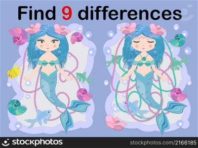 Education game for preschool kids, find the differences. Beautiful mermaid with a string of pearls. Cartoon illustration. Education game for preschool kids, find the differences. Beautiful mermaid with a string of pearls. Cartoon illustration.