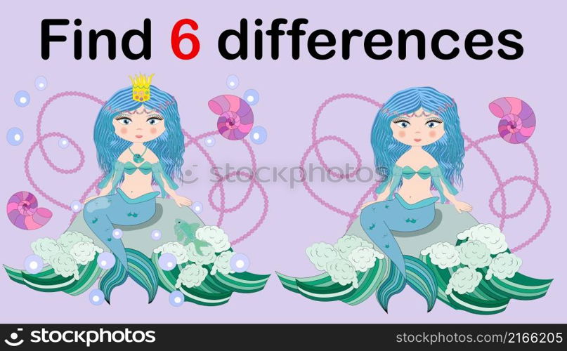 Education game for preschool kids, find the differences. Beautiful mermaid with a string of pearls. Cartoon illustration. Education game for preschool kids, find the differences. Beautiful mermaid with a string of pearls. Cartoon illustration.