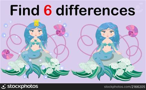 Education game for preschool kids, find the differences. Beautiful mermaid with a string of pearls. Cartoon illustration. Education game for preschool kids, find the differences. Beautiful mermaid with a string of pearls. Cartoon illustration.