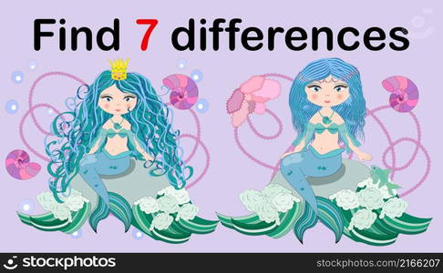 Education game for preschool kids, find the differences. Beautiful mermaid with a string of pearls. Cartoon illustration. Education game for preschool kids, find the differences. Beautiful mermaid with a string of pearls. Cartoon illustration.